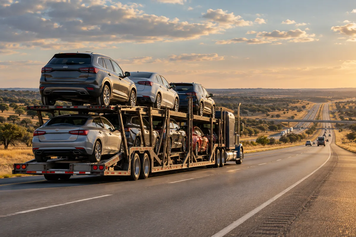 An open vehicle hauler traveling on a long Texas interstate. Illustration of long-distance vehicle transport across Texas.