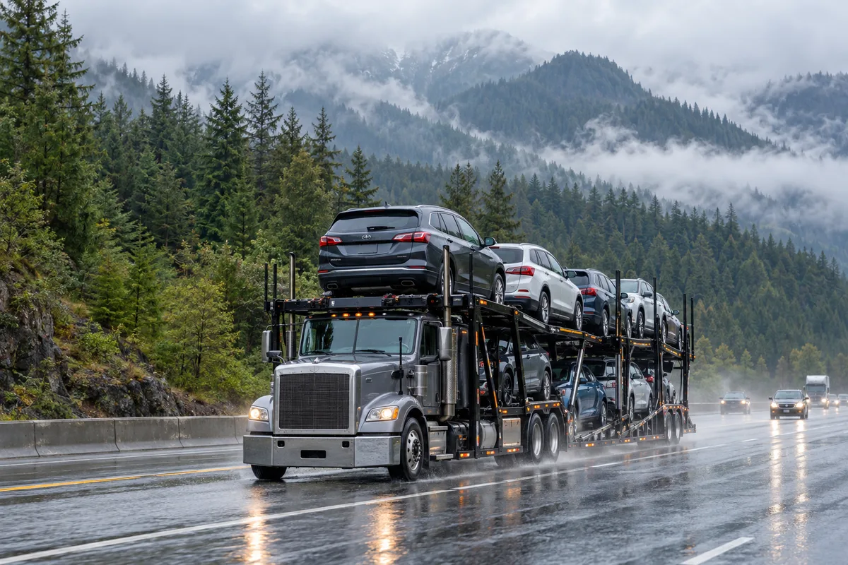 An open vehicle hauler traveling on a rainy Washington mountain highway. Illustration of vehicle transport across Washington.